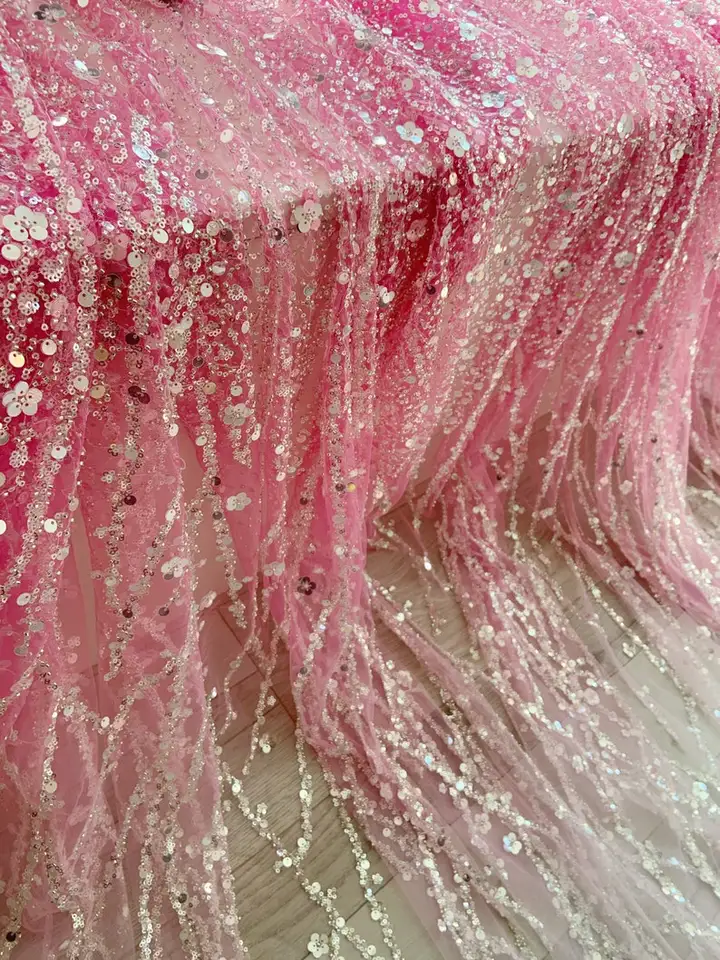 Ružová iskra korálky Tulle Lace Lace tkanina Dye Fliek Tkanina s gradientovými farbami s kvetinovými viničami pre svadobné šaty
