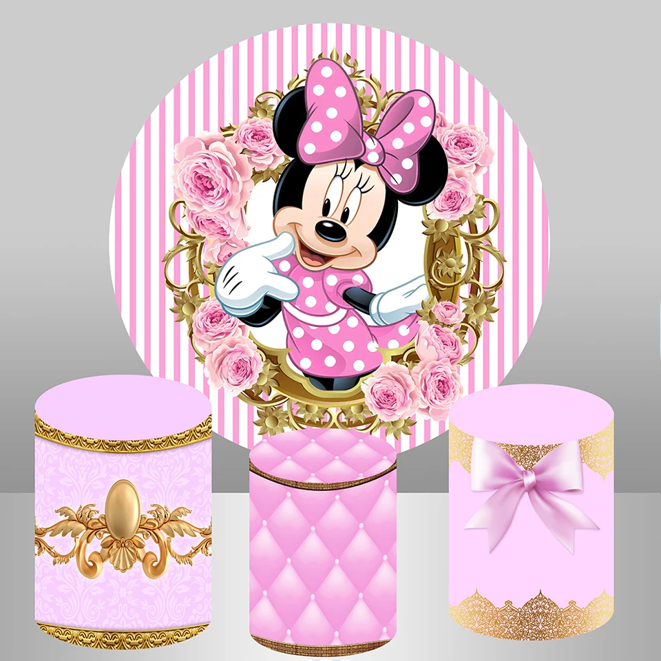 Ružová Minnie Mouse Round pozadie pre dievčatá pre dievčatá, bábätko 1. narodeniny Studio kruhový kruh na pozadí valca kryty valca