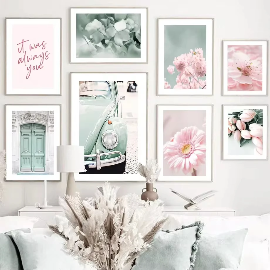 Ružová ruža pivonka tulip gerbera sakura retro car wall wall maľba maľba maľba Nordic plagát stena obrázky pre dekoráciu obývacej izby