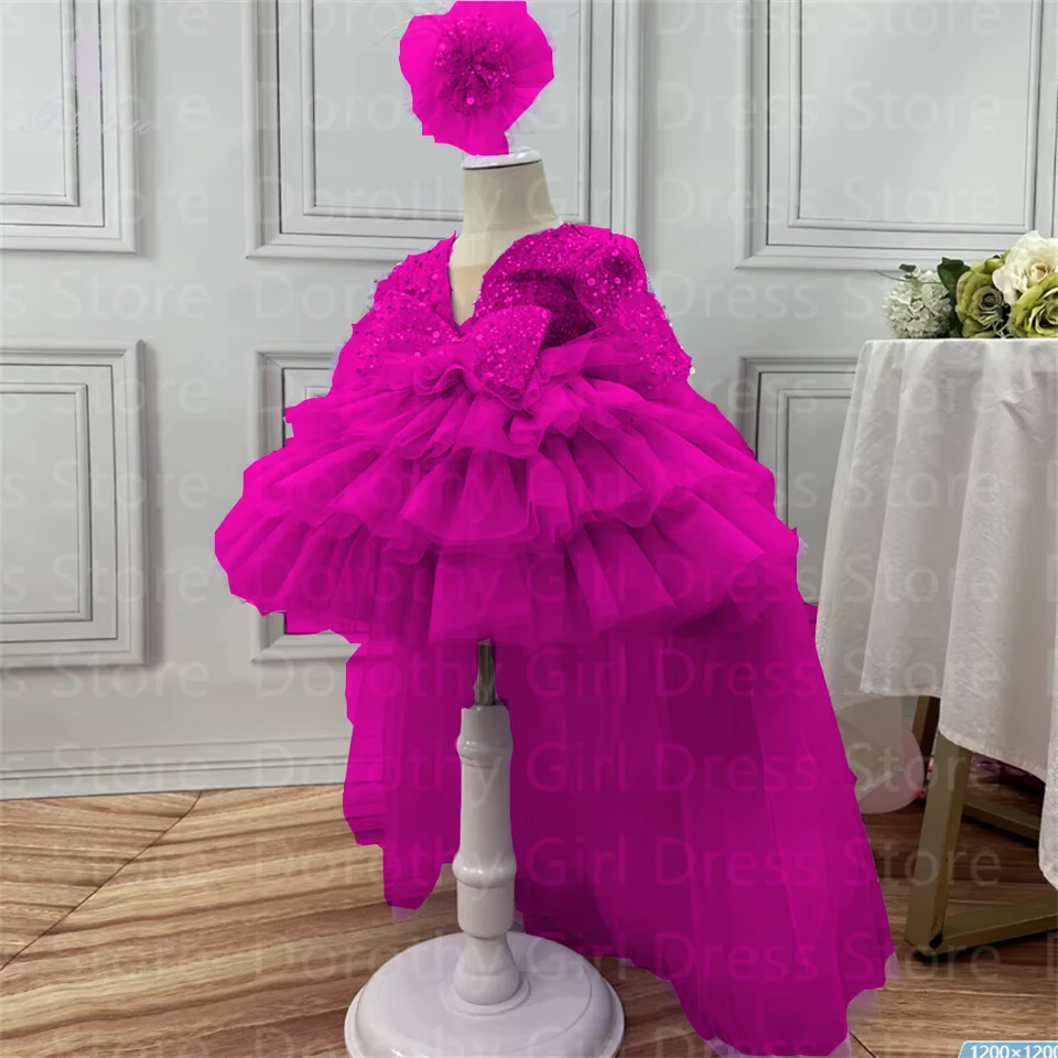Ružová ružová dievčatko narodeninové šaty flitry Fluffy Flower Girl Dress vhodné pre družičku