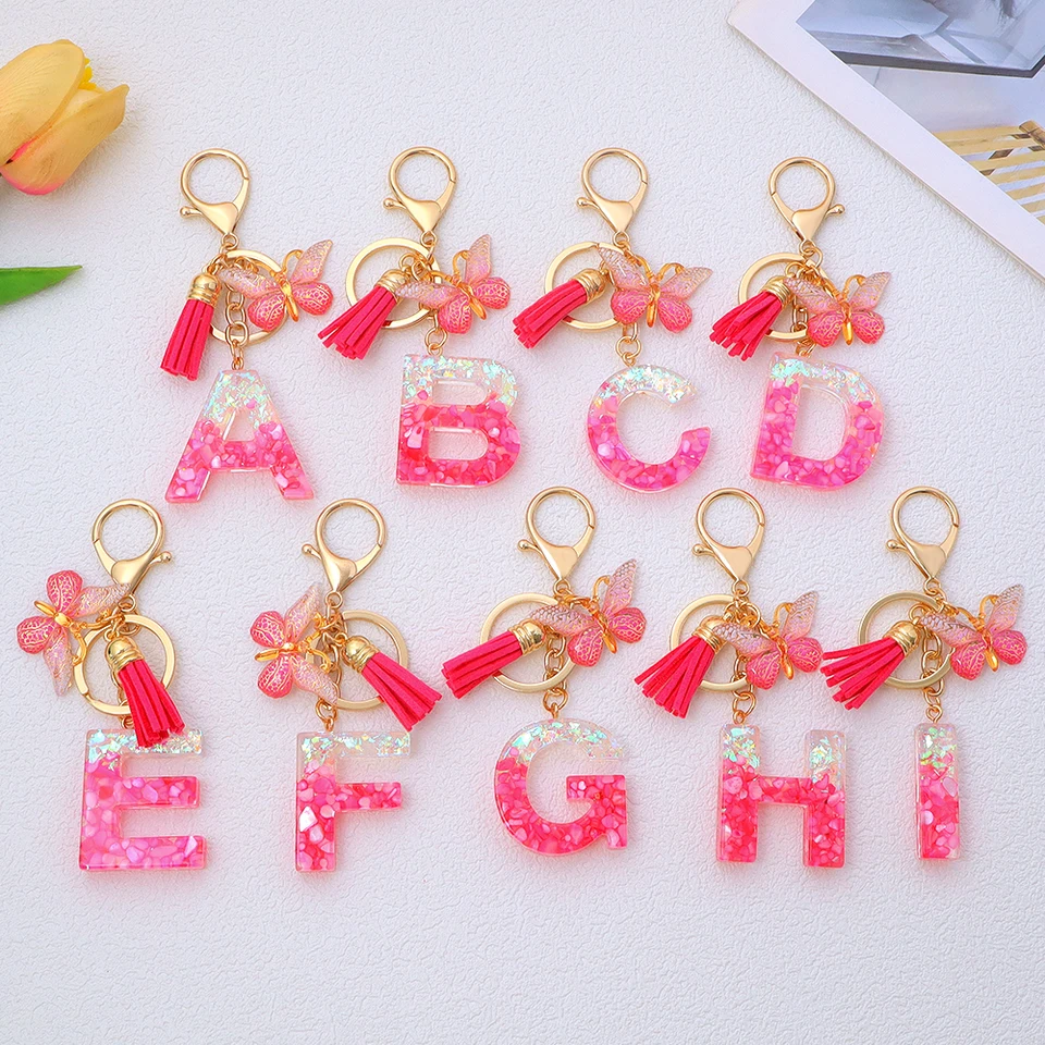 Ružová živica AZ Počiatočné trblietky Flitre Letter Keychain Motýfly Tassel prívesok Klávesová vrecká Ornament CAR Trinket Príslušenstvo