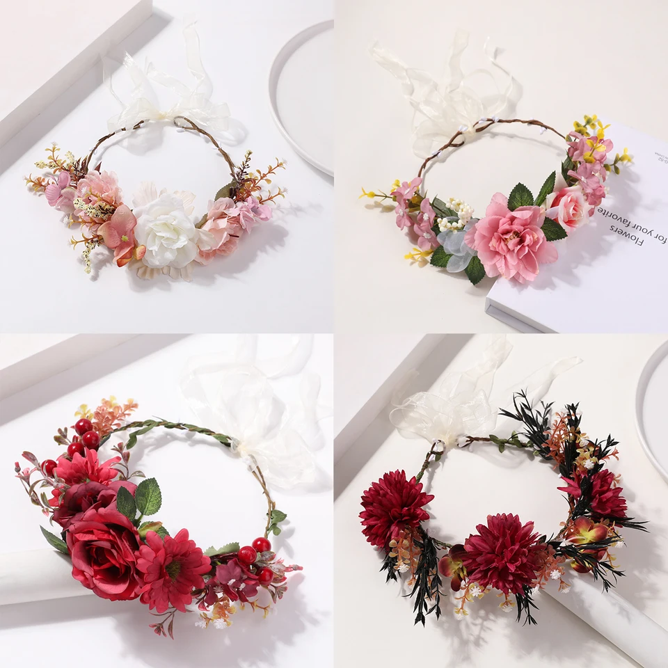 Ružové biele kvetinové vlasové obruče víla Aura Headar Clewear Retro Forest Style Style Flower Detle