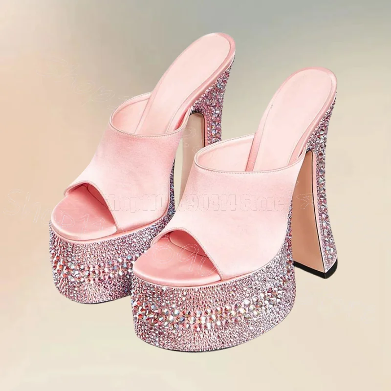 Ružové hodváb Otvorené špičky kamienok Platforma Platform Slippers Slip na dámske topánky robustné vysoké podpätky banket dating 2024 Zapatos para muchyre