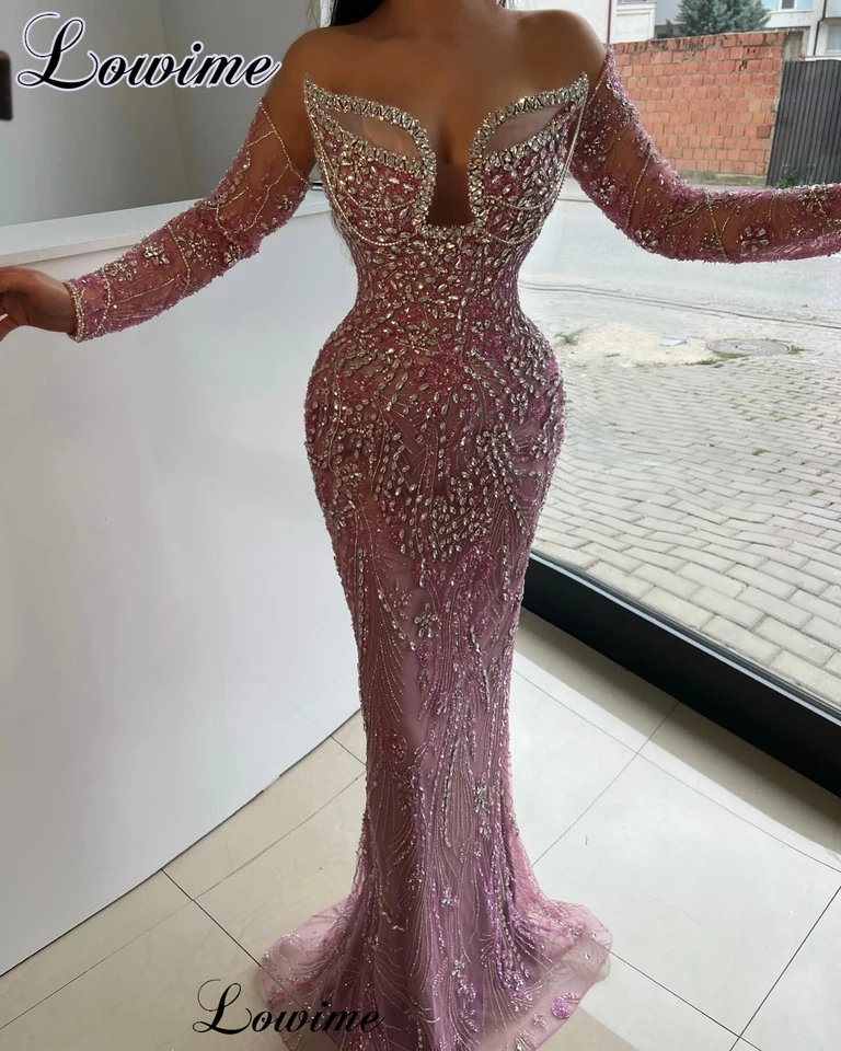 Ružové kryštály kokteilové šaty morská panna zlatíčko Elegantné plesové šaty s rukávmi večerné šaty Vestidos de cóctel prispôsobené