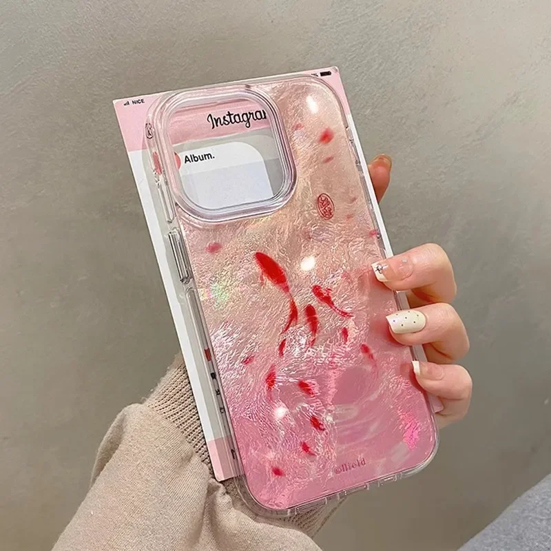 Ružové rozmazané malé červené rybie puzdro pre iPhone 16 15 11 12 14 13 Pro Max Mini XSM XR 7 8 plus kreslený gradient trblietavý kryt