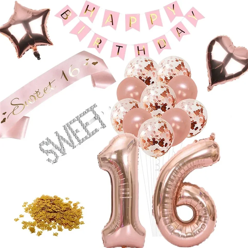 Ružové zlato sladké 16 rokov staré 16. všetko najlepšie k narodeninám oslava dekorácia láskavosť Sash Banner Cake Topper Balón