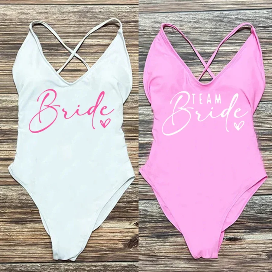 Ružové zlato tlač s jedným kusom plaviek Team nevesta Láska sexy plavky oblek Čalbané plavky Ženy Bikini bakalárske večierky plávajúce plážové oblečenie