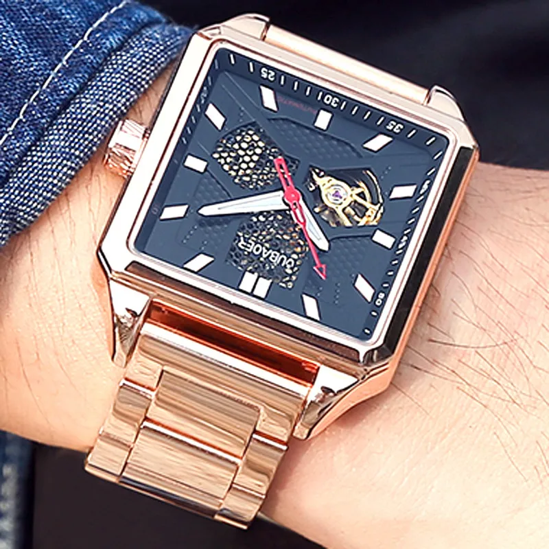 Ružové zlato z nehrdzavejúcej ocele Skeleton Watch Men Square Design Automatické mechanické hodinky Muž Relogio Masculino 2025 Montre Homme