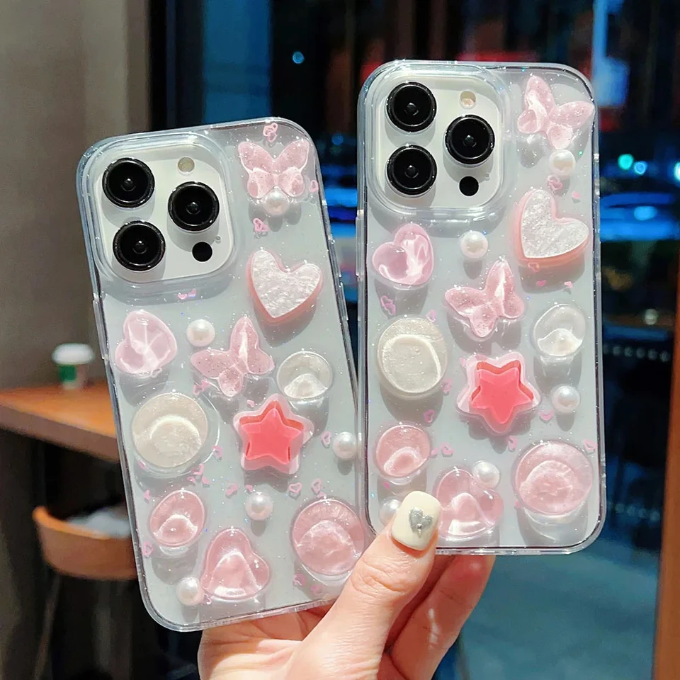 Ružové želé srdce Butterfly perla puzdro pre iPhone 11 12 13 Pro Max 14 15 Plus priehľadné puzdrá na telefón trblietavý nárazový kryt