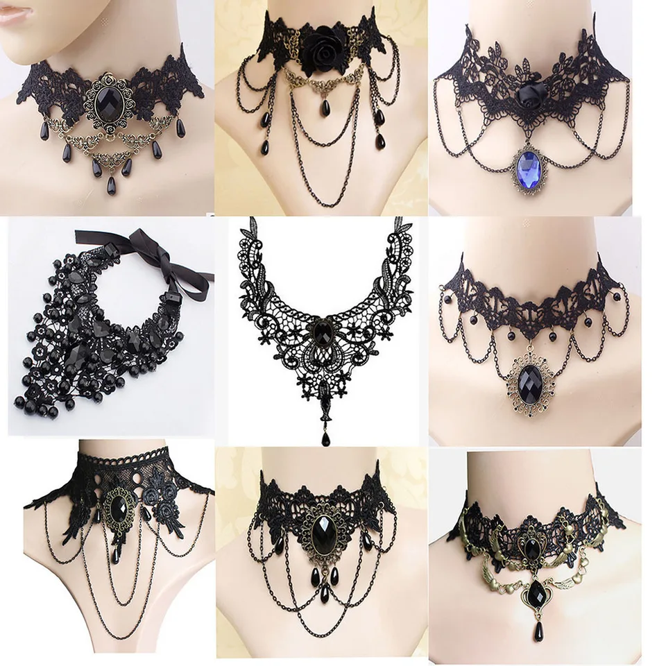 Ružový kvet červený čierny kameň zamatový dlaždice pre ženy Lady Lace Lace Petre Chains Sexy náhrdelník dievčenský krk šperky doplnky darčeky 1pc