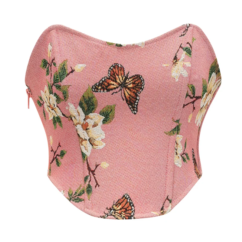 Ružový kvetinový motýľ tlače Renaissance gotický korzet s overbustom s bočným zipsom vintage bustier plodiny Top sexy romantické spodné prádla