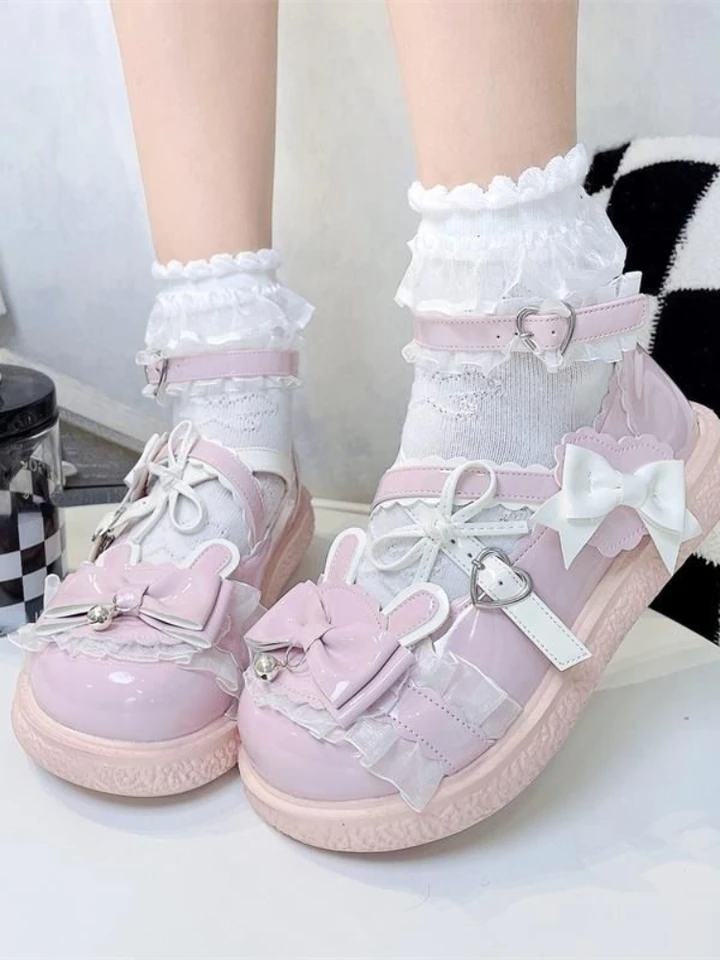 Ružový luk sladký roztomilý kauzálny sandále Ženy japonský štýl lolita okrúhle prsty topánky Dámy Ribbon kawaii princezná ploché topánky 2023 nové