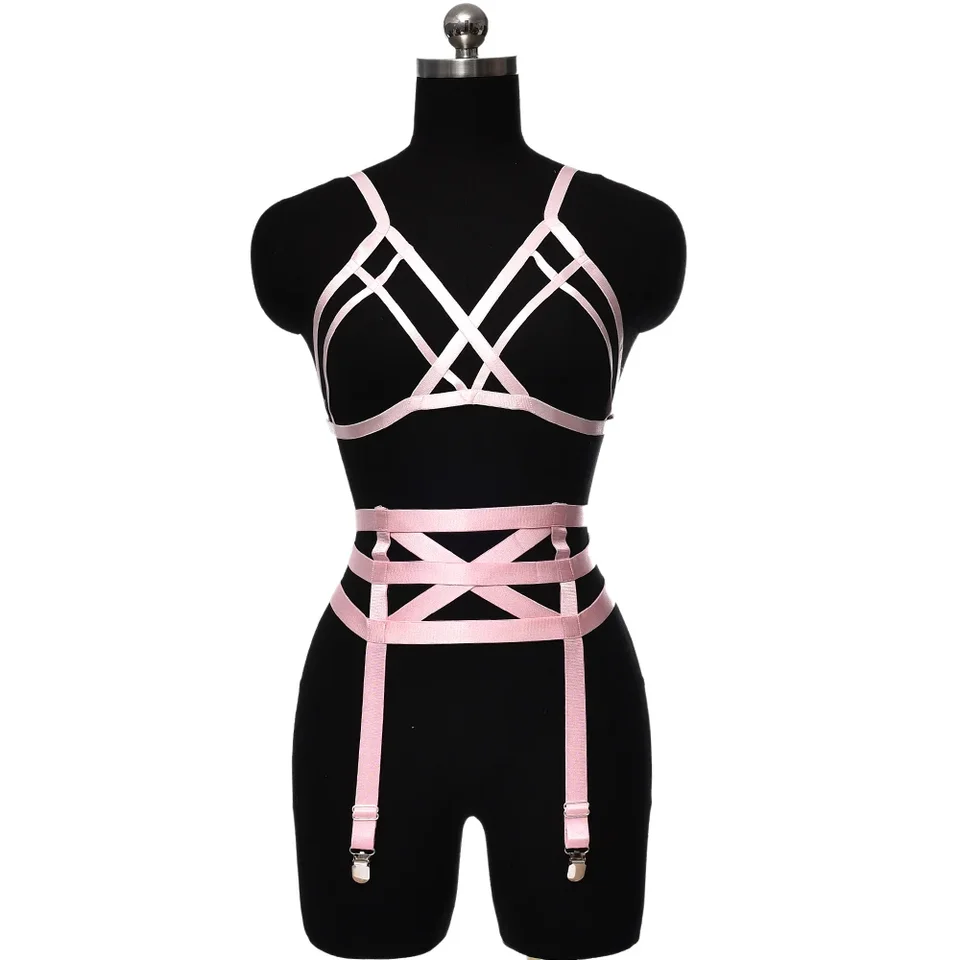 Ružový postroj Set Punk Goth Body Cage nastaviteľná dutá festival nosiť podprsenku Ženy Bondage Sexy spodná bielizeň pančuchový opasok