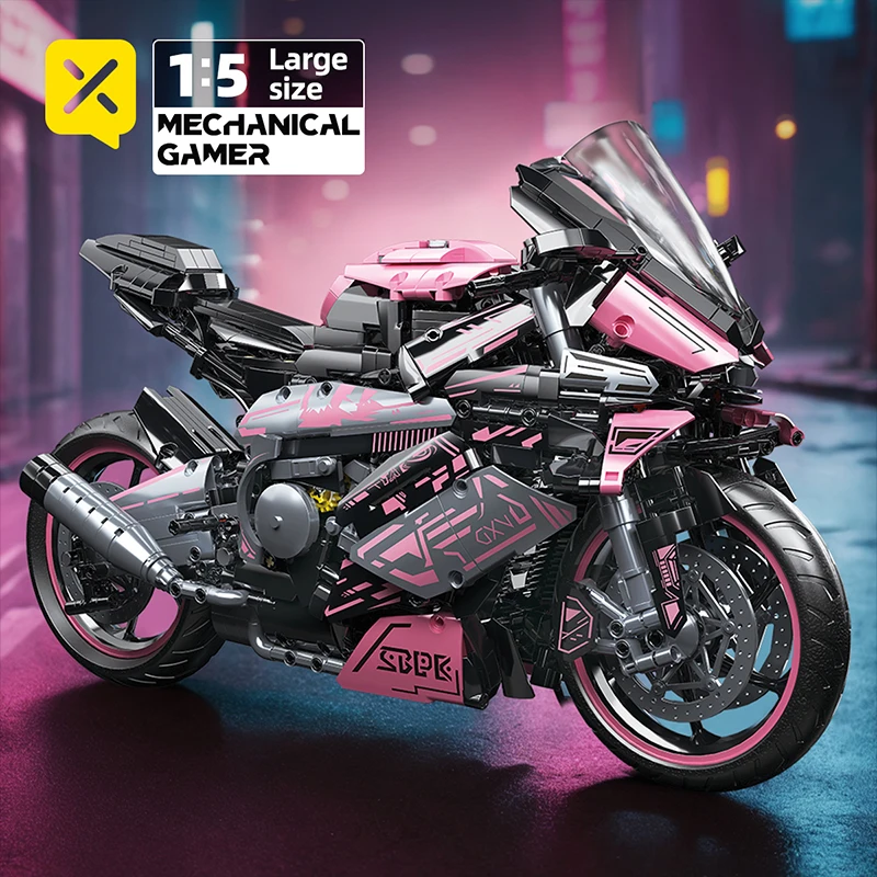 Ružový technický motocykel 2045ks pretekársky stavebný blok set pre dospelých Motoria Motoria Model Model Kit Technické závodné preteky Detský darček