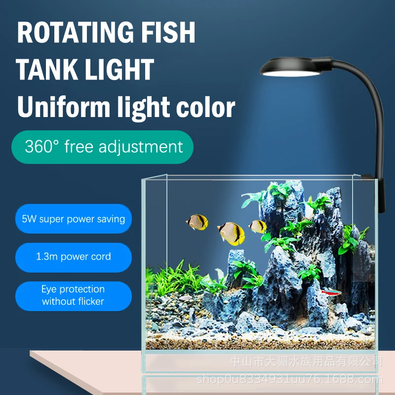 Rybie nádrže Clip-On Svetelné svorky Akvárium Light LED LIDS LIGHS 360-stupňové rotácie 5W USB Zátky
