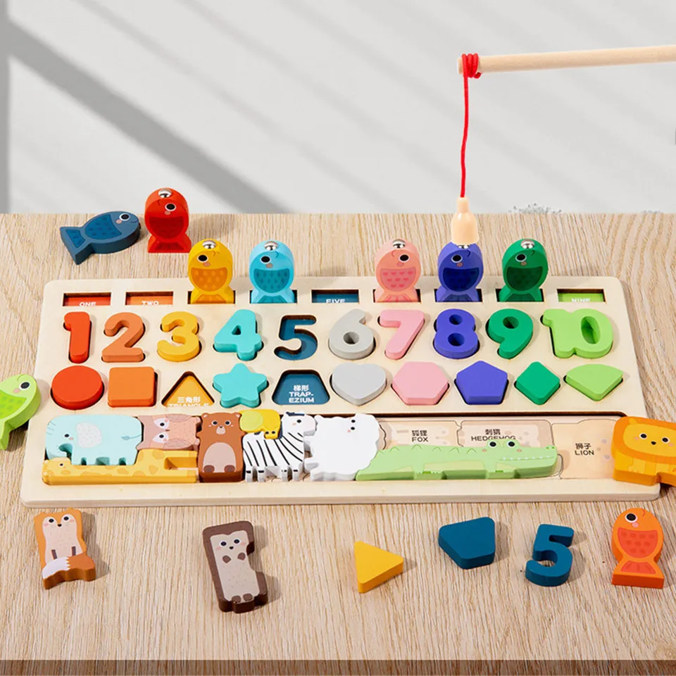 Rybárska hra pre batoľatá, zvieracie puzzle, Montessori Hračky a porovnávanie čísel, aby uplatnili jemné motorické zručnosti pre chlapcov a dievčatá