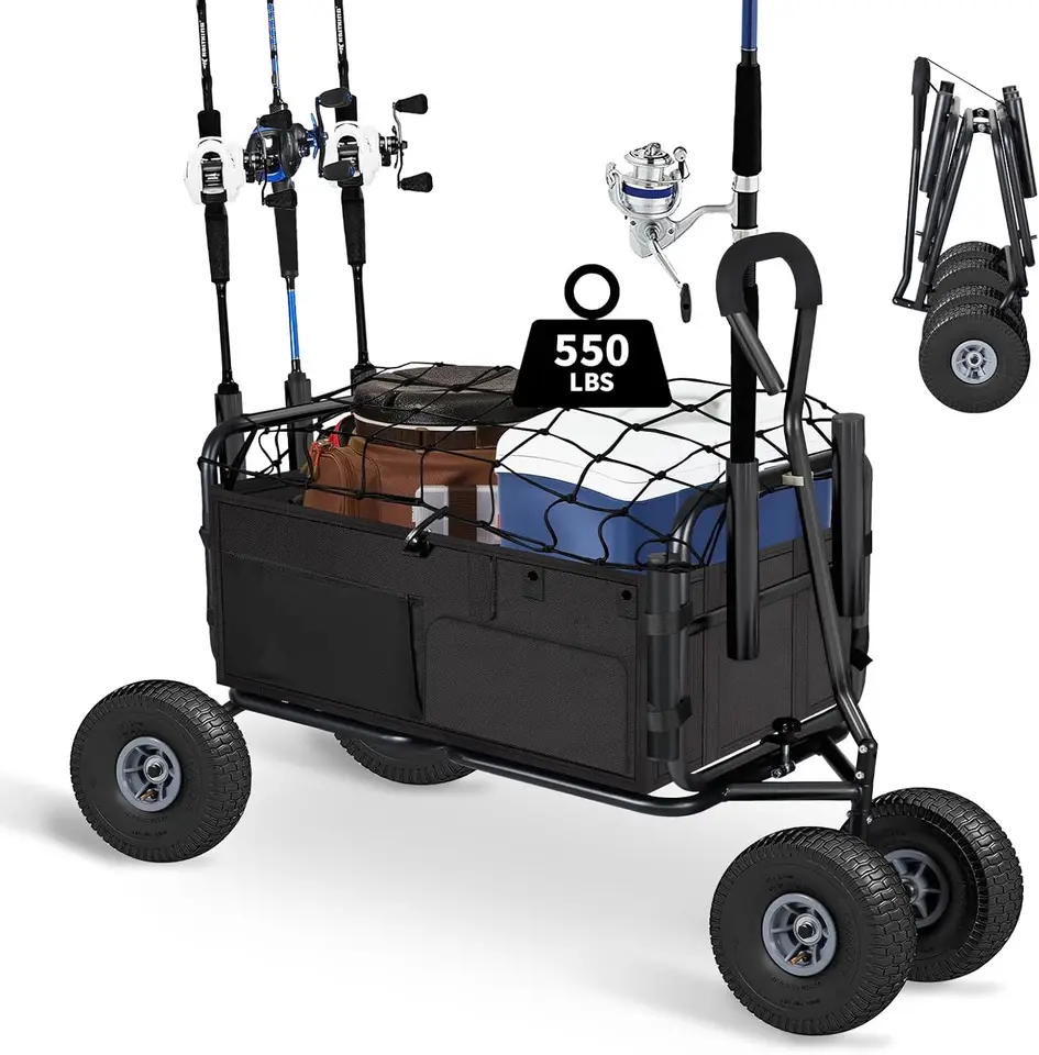 Rybársky košík na plážový košík zrútený vagón s 11 '' All-Terrain Wheels pre piesok, ťažký záhradný vozík s držiteľom tyče