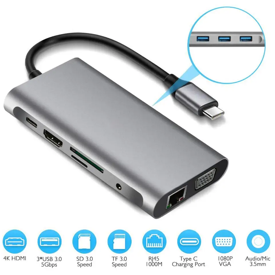 Ryra USB Type C Hubto 4K HDMI VGA Adapter RJ45 1000M LAN Ethernet SD TF PD USB3.0 3,5 mm Jack Audio Video pre MacBook Pro OTG