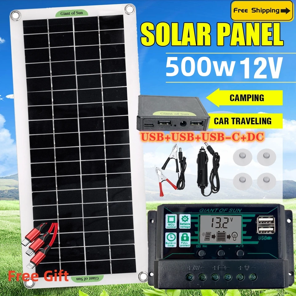 RZ 500W Flexibilný solárny solárny panel 12V nabíjačka s dvoma USB s 10a-100aoutdoorovými hydroizolačnými solárnymi bunkami pre telefonické jachty RV