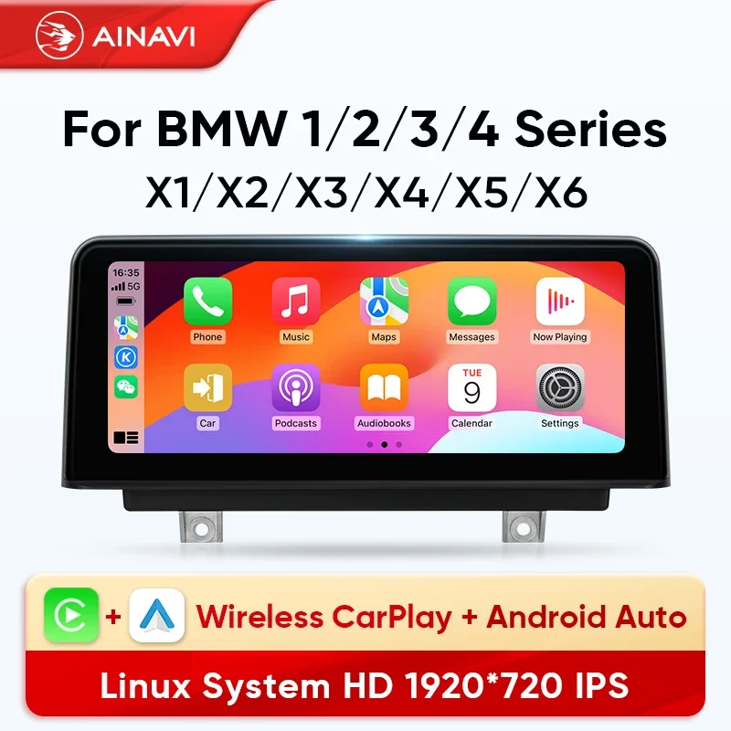 Rádio Ainavi pre BMW 1 2 3 4 Series X1 X2 X3 X4 X5 X6 E70 E90 F15 F20 F35 F30 NBT Wireless CarPlay Android Auto multimediá