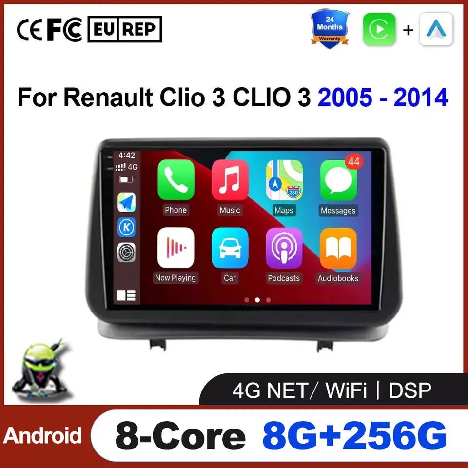 Rádio Android Auto Car pre Renault Clio 3 2005 - 2014 Multimedia GPS navigačná kamera Wireless Carplay Stereo Player WiFi DSP