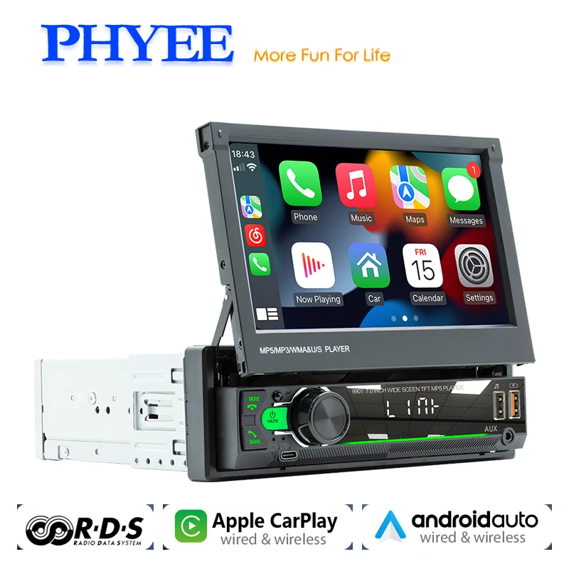 Rádio dotykovej obrazovky, CarPlay, Android Auto, 1 DIN 7 