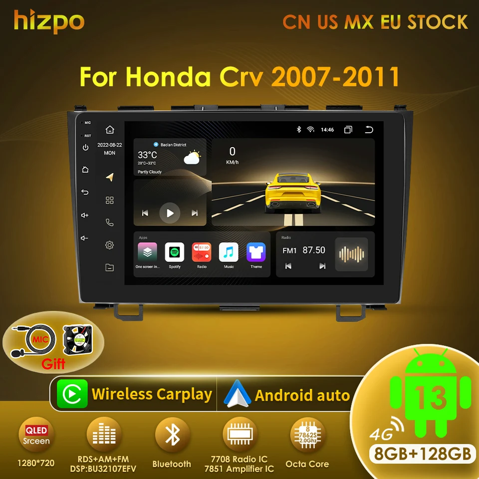 Rádio Hizpo Car pre Honda Crv CR-V 2007-2011 Multimediálny videozáznam Navigation Stereo GPS Android 13 CarPlay Head Unit No DVD