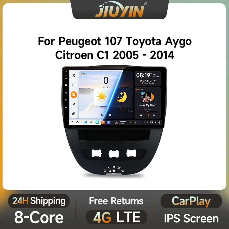 Rádio Jiuyin Car pre Peugeot 107 Toyota Aygo Citroen C1 2005 - 2014 Android 13 Wireless CarPlay Android Auto č. 2 DIN DVD