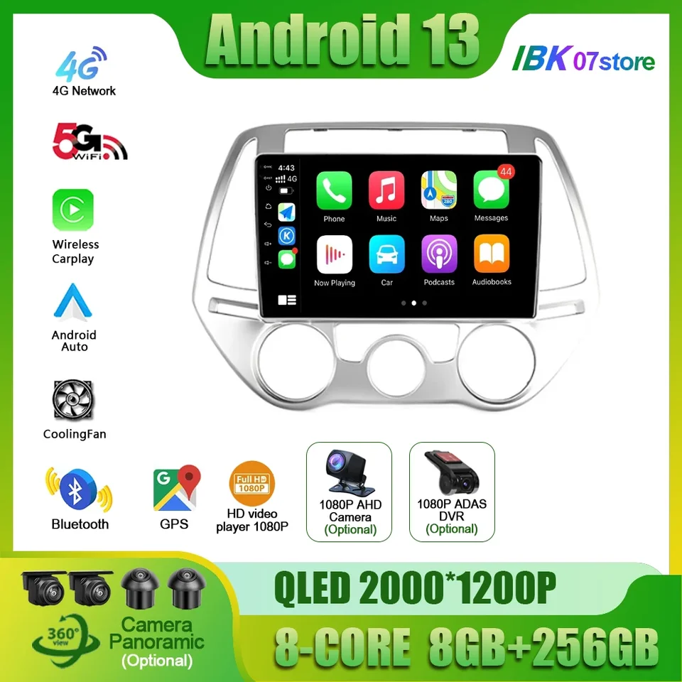 Rádio Multimediálny systém GPS navigáciu pre Hyundai i20 PB 2012 2013 2014 Android 13 Wireless CarPlay 2 DIN SCREE STEREO