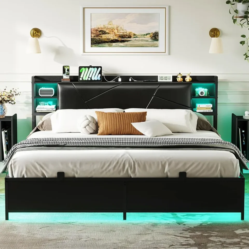 Rám King Bed s RGB LED svetlami a nabíjacou zásuvkou, čalúnené úložným priestorom, nie sú potrebné matrace pružiny, rám postele plošiny