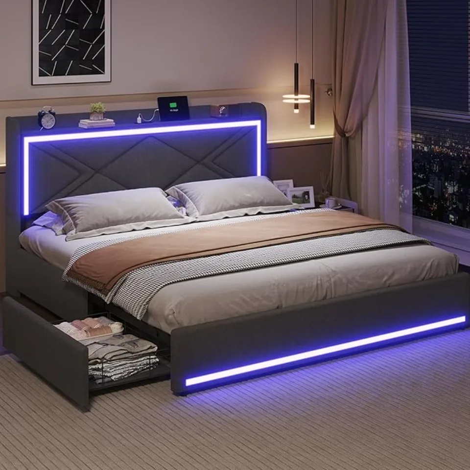 Rám postele veľkosti King s úložnými zásuvkami a LED faux kožená plošina posteľ s nabíjacou stanicou USB-C nabíjačku PU Ráme postele