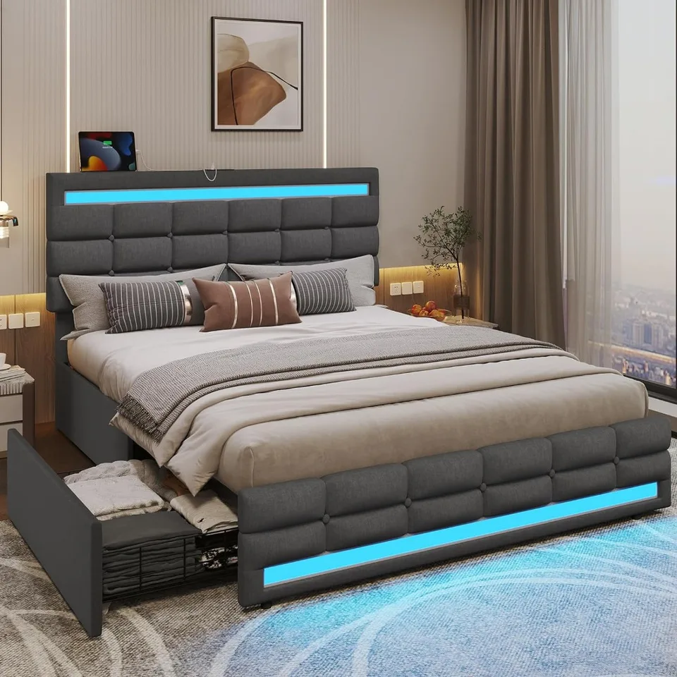 Ráme LED postele W 4 Zásuvky a 2 nabíjacie stanice USB, čalúnená plošina kráľovná veľkosť postele Rám W LED svetlá čela čela plošná plošina