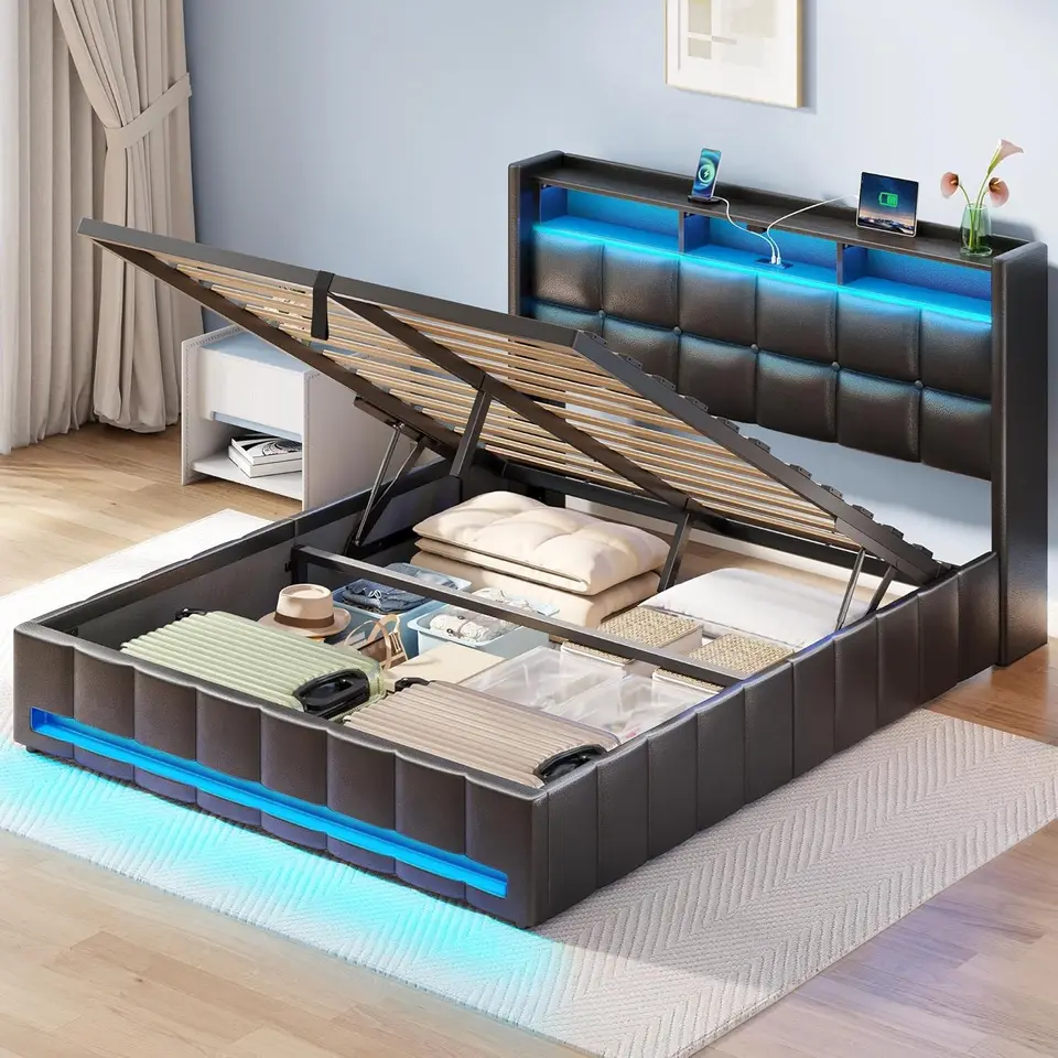 Ráme postele v plnej veľkosti s úložným priestorom, nabíjacej stanici a LED svetlami, čalúnené úložné čelo postele, drevené lamely s ťažkými dňami