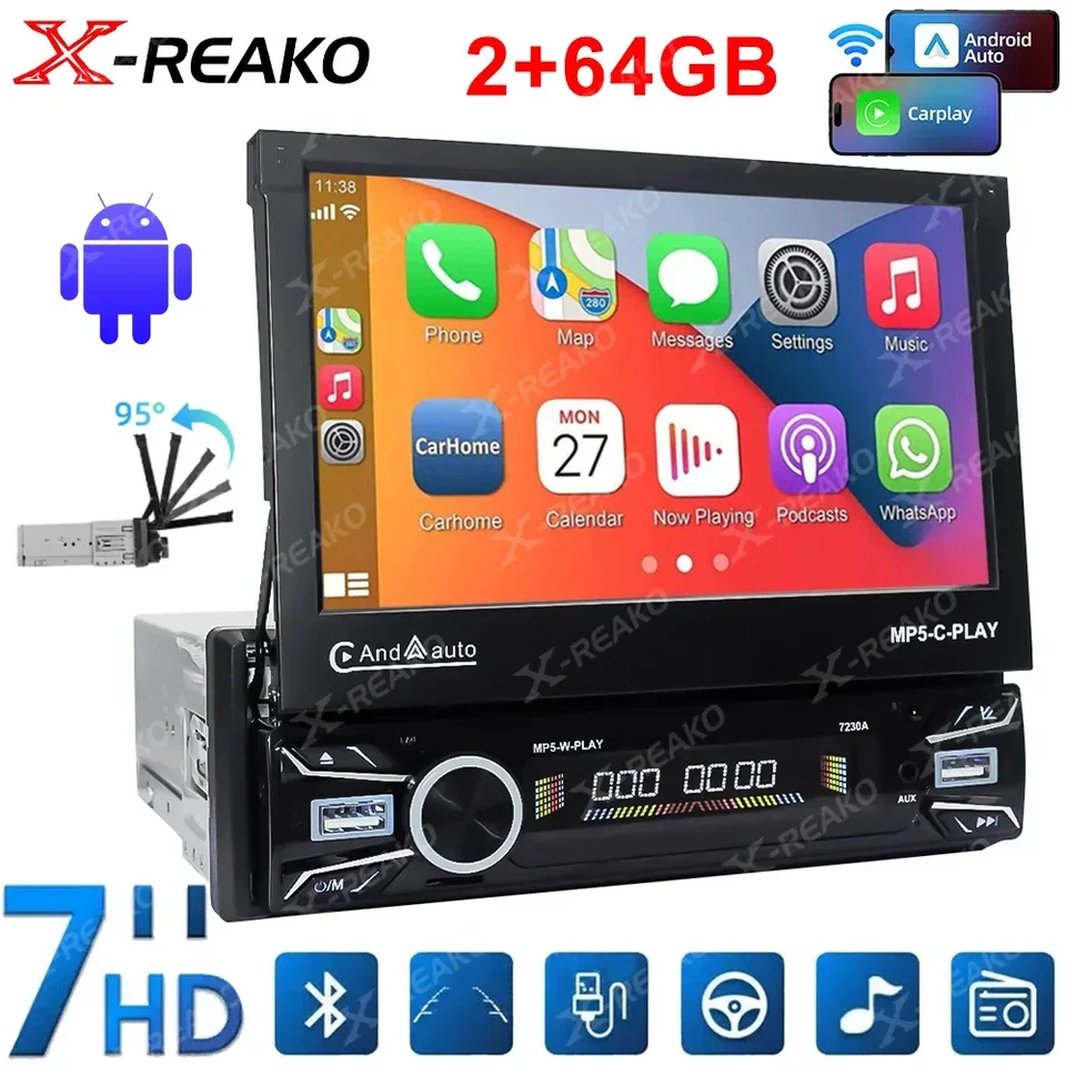 Röntgenový 1Din Android 13 Car Radio Stereo 7inch stiahnuteľná obrazovka Multimediálny video prehrávač GPS WiFi CarPlay Auto BT FM navigácia