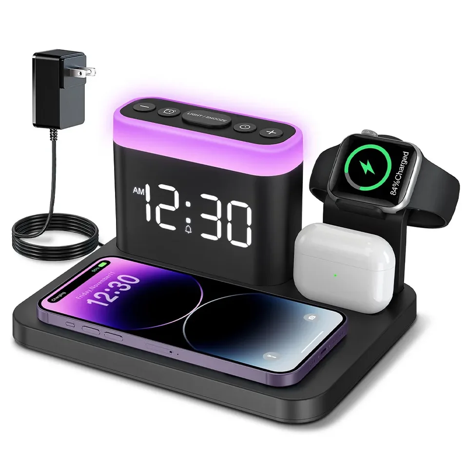 Rýchla bezdrôtová nabíjačka, budík, 7 nočné svetlo, nabíjanie dok pre iPhone Apple Watch 9 AirPods Pro, 5 z 1