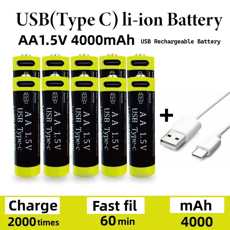 Rýchle nabíjanie 1,5 V AA lítium -iónovej batérie s kapacitou 4000 mAh a nabíjateľnou litium USB batériou pre klávesnicu hračiek pre klávesnicu hračiek