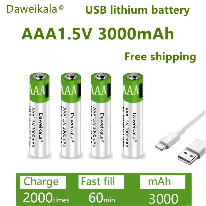 Rýchle nabíjanie 1,5VAAA lítium -iónovej batérie s kapacitou 3000 mAh a nabíjateľnou litijovou USB batériou pre klávesnicu hračiek pre hračky