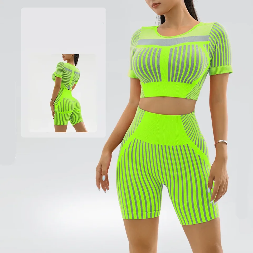 Rýchle suché jogy set žien Neon Green Stripe Fitness obleky s krátkym rukávom Horný pás Vysoký pás Running Brosky