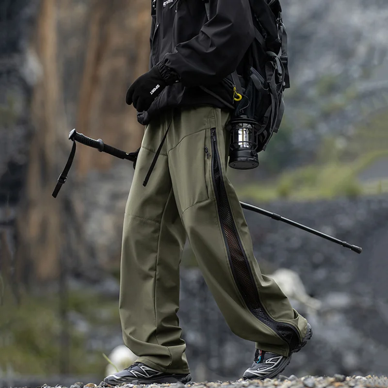Rýchlo sušené vodotesné technowear štýl muži nákladné nohavice y2k taktické funkcie bok bok zips dizajn vonkajšie rovné nohavice pantalony