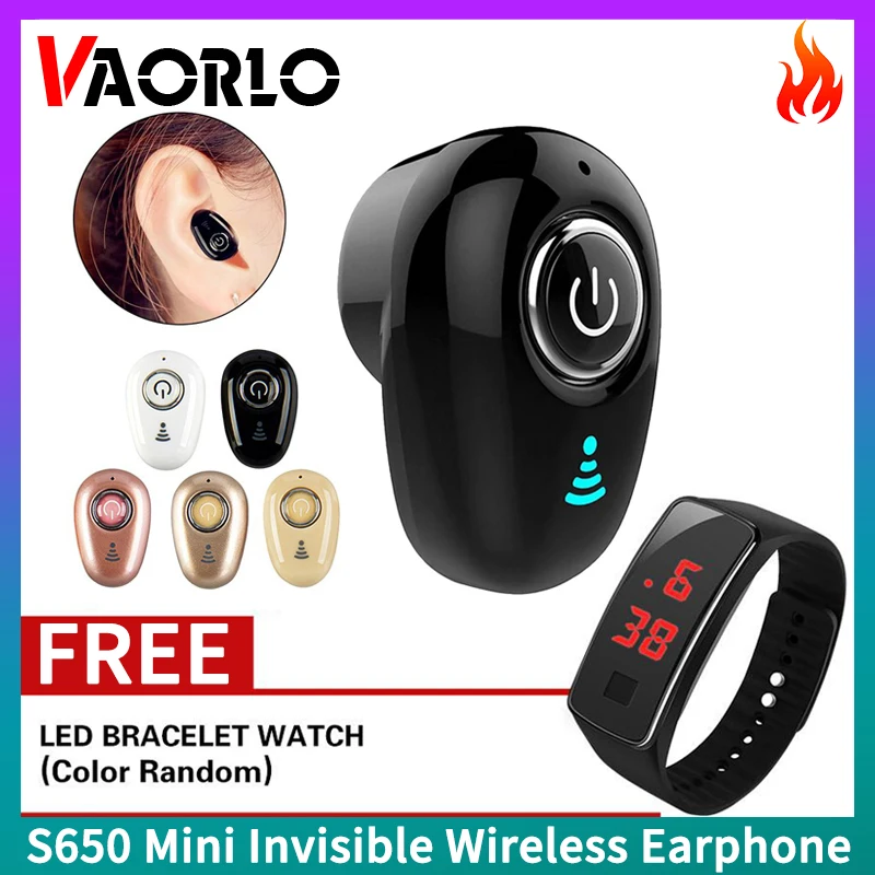 [S bezplatnými hodinkami LED] VAORLO Original S650 Mini Invisible Ture bezdrôtový hluk slúchadiel Bluetooth s mikrofónom s mikrofónom