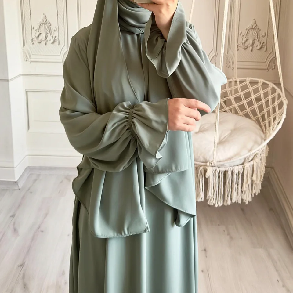 S kapucňou Abaya Dubai Jilbab Jedno kus modlitebné šaty s pripevnenými rukávmi trúbky hidžáb Moslimské ženy Ramadan Eid Islamské oblečenie