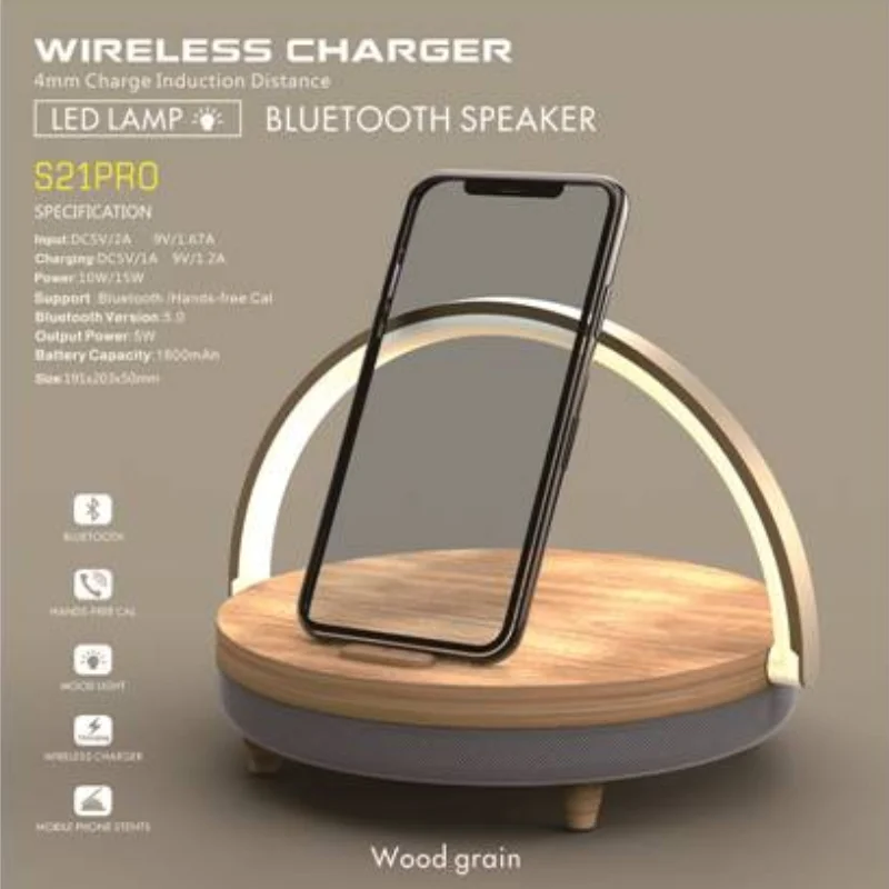 S21 PRO Bluetooth Reproduktor Drevené bezdrôtové nabíjačky LED žiarovky 15 W vysoké nabíjanie pre iPhone 14 Easy Touch Wireless Nabíjanie