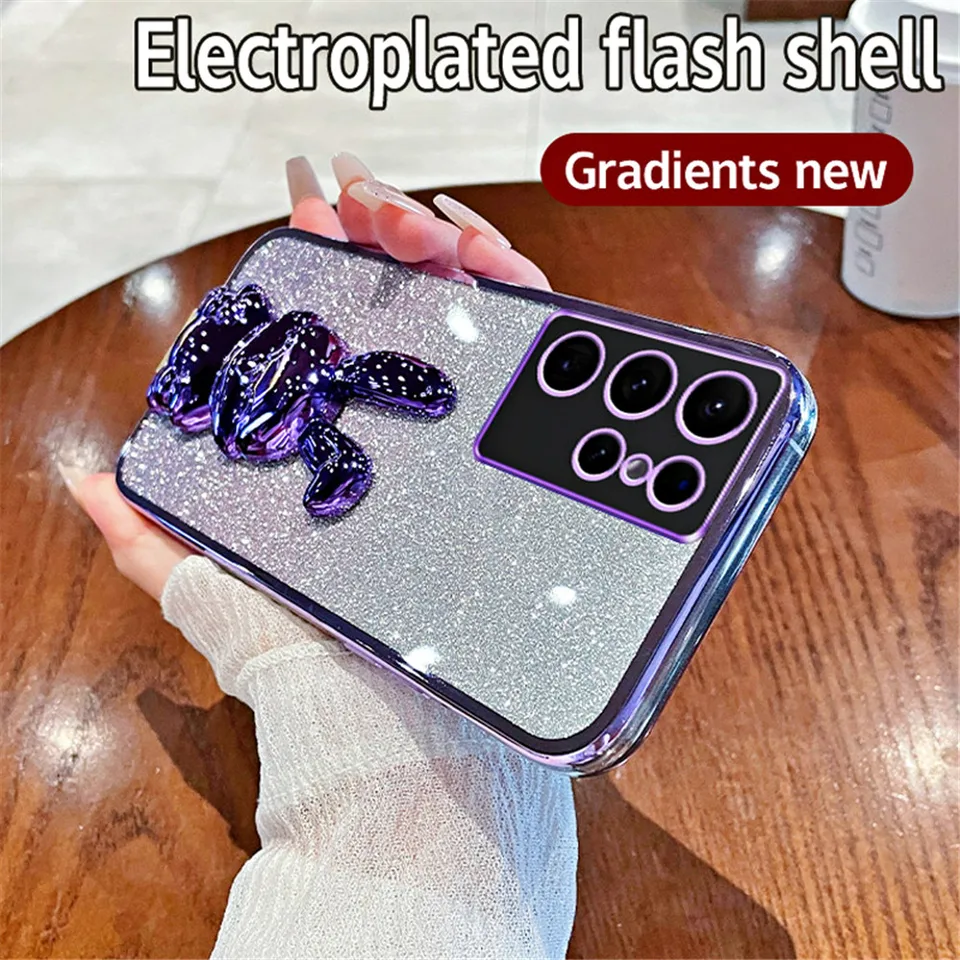 S23fe roztomilý 3D pokovovací králičie stánok Glitter puzdro pre Samsung Galaxy S24 S23 S21 S20 Fe S22 Plus poznámka 20 ultra mäkký silikónový kryt