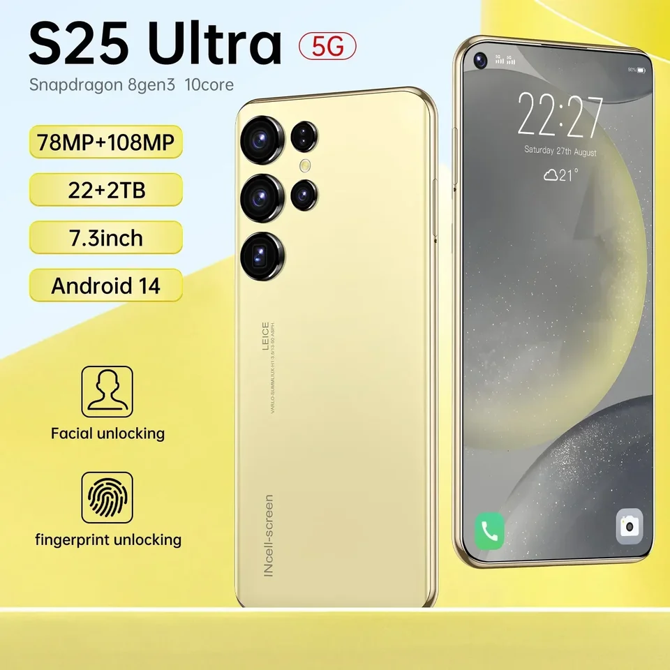 S25 Ultra nový smartfón 5G 7,3-palcový vysoký rozlíšenie Android 14 Snapdragon 8Gen3 10Core Dual SIM Phone 7800 mAh odomatenie telefónu