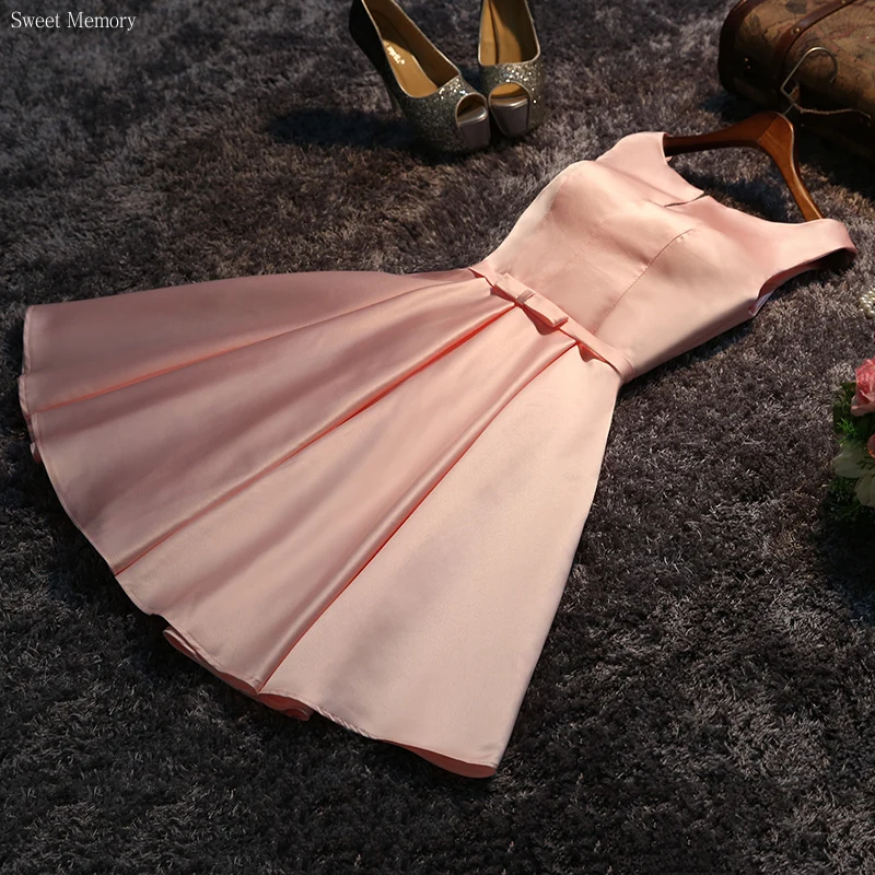 S55 Sladká pamiatka dievča Dámske svadobné spoločenské šaty Prom Robe Light Champagne Grey Sky Blue Pink Satin Short Družička Šaty
