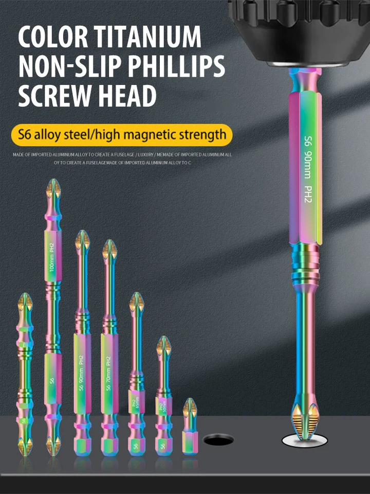 S6 farebný titánový nárazový skrutkovač bit proti skĺznutiu Kríž Magnetic Electric Electric Screwdriver Head 25/50/65/70/90/150 mm PH2 skrutka