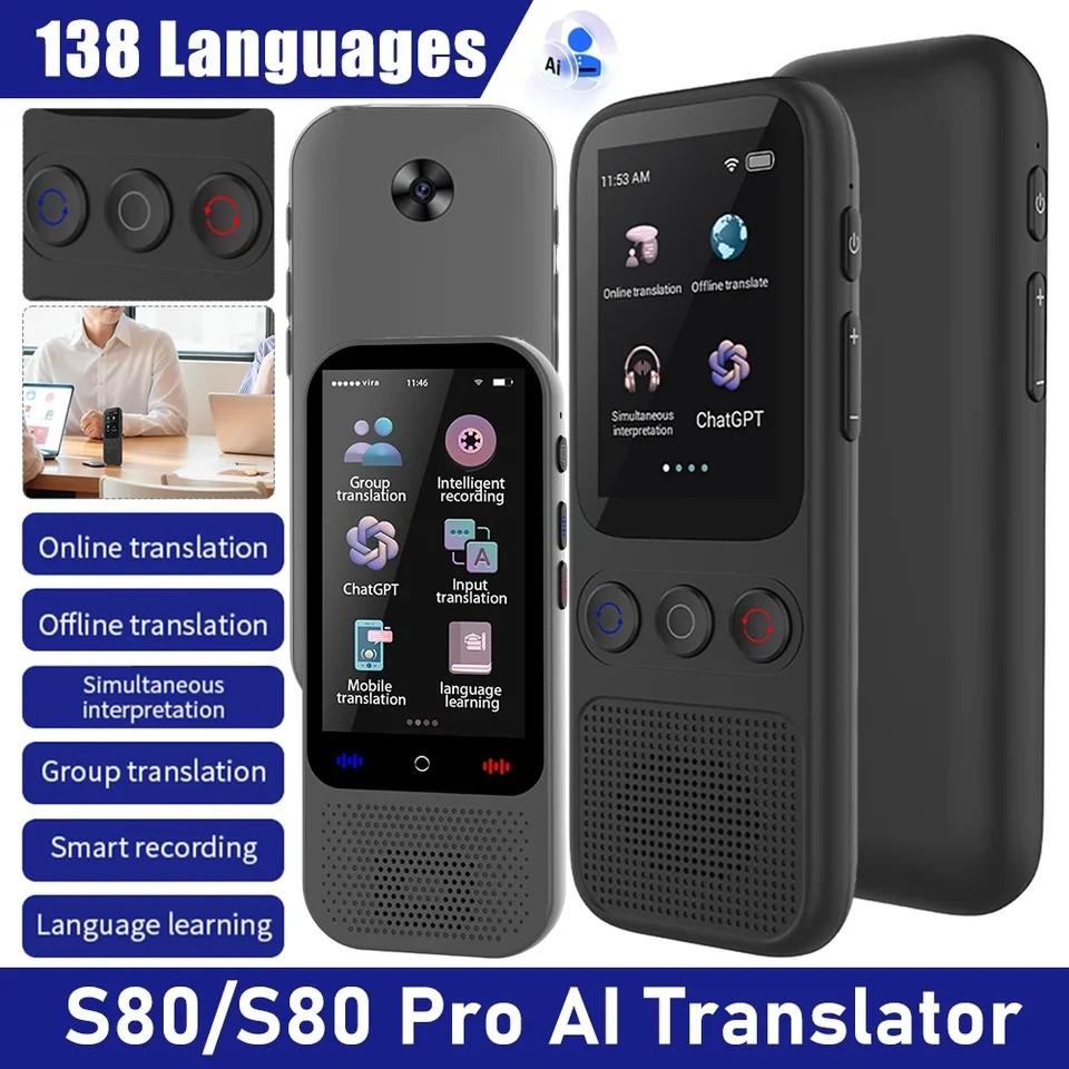 S80/S80 Pro Real-Time Language Prekladátor zariadenia Podpora 138 prekladacích zariadení s online prekladom offline