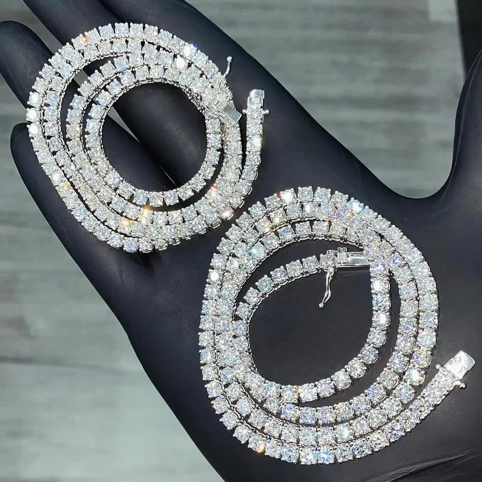 S925 Pure Silver Chain, vysokokvalitný 4 mm moissanitový tenisový náramok náramku, hip-hopové príslušenstvo živé vysielanie