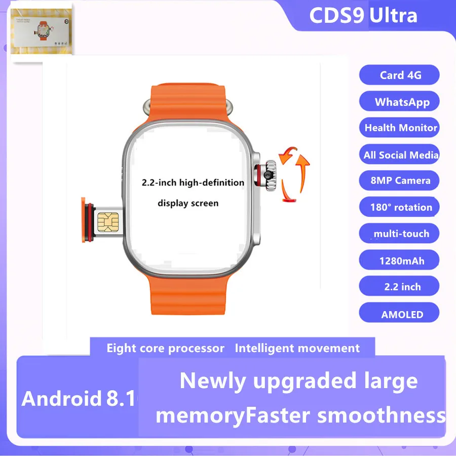 S9ultra SmartWatch SIM karta 4G 2.2 palca Android 8.1 GPS WiFi Play Store 180 ° Camera AMOLED Zdravie Men Men Dámske sledovanie CDS9
