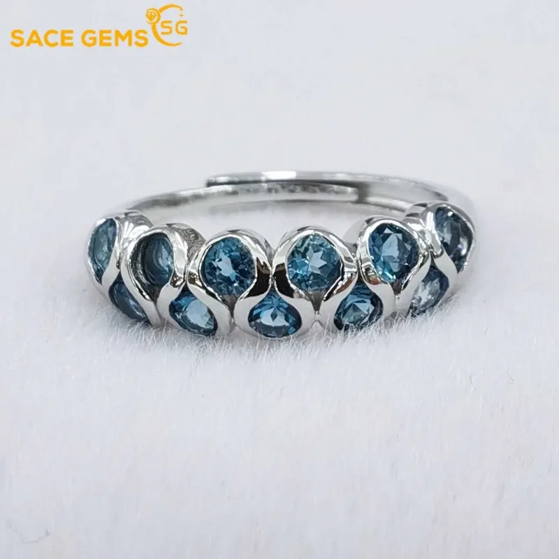 SACE GEMS 925 Sterling Silver 3mm Natual London Blue Topaz Luxusné prstene pre ženy vytvorené svadobné zásnubné kapela jemné šperky
